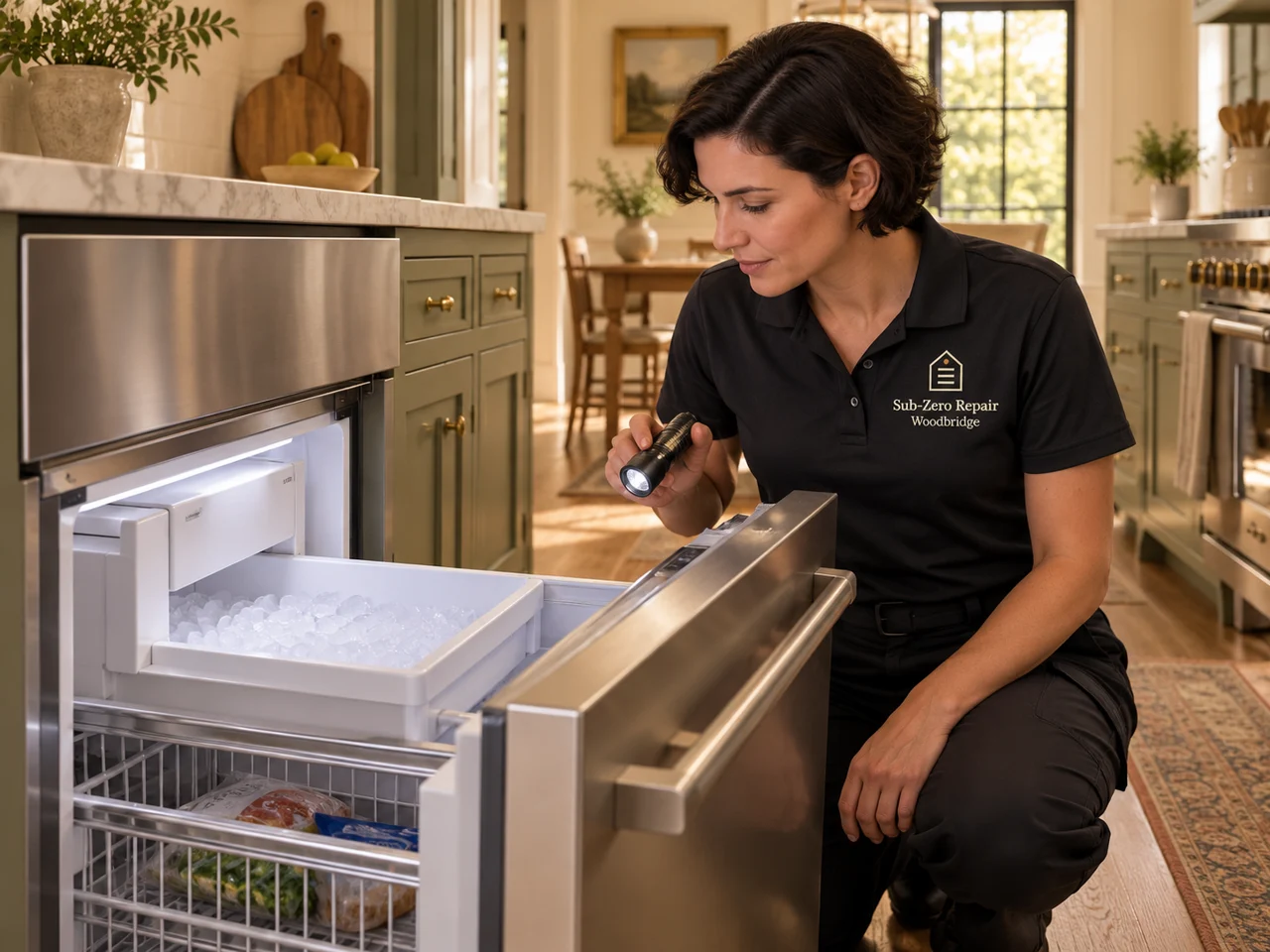 Illustration of a technician wearing the Sub-Zero Repair Woodbridge logo beside a Monogram ice maker